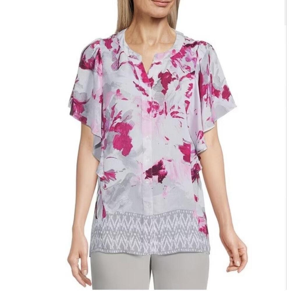 NWT Allison Daley‎ Blouse Size Petite Medium Grey Floral Ruffled Button Up